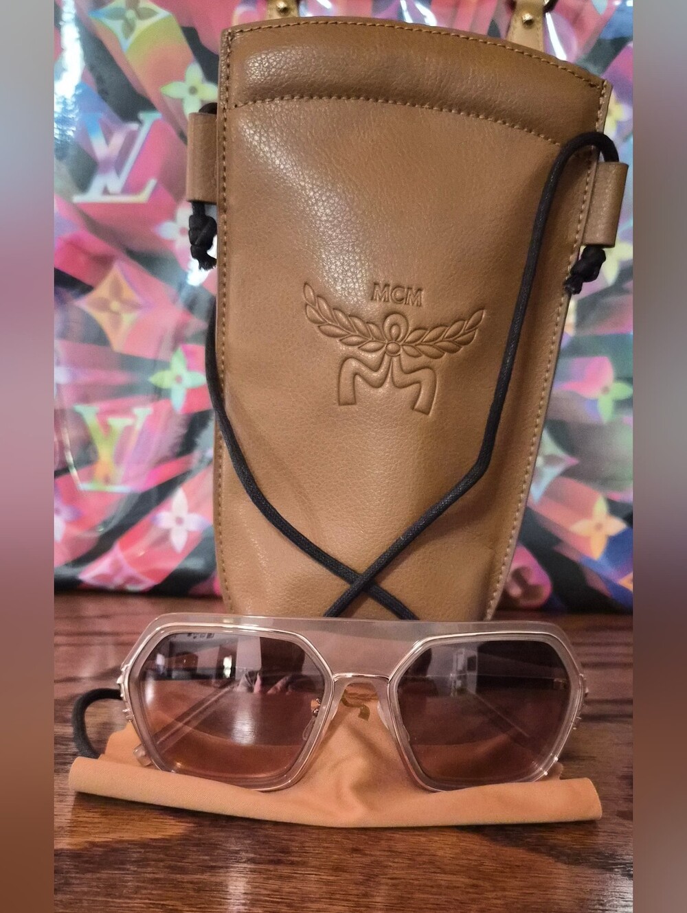 MCM Tan Leather Sunglass Pouch with Clear-Frame Sunglasses and Brown Lenses